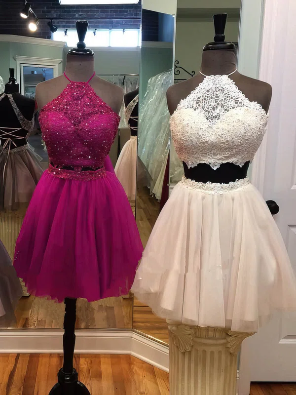 Lace Tulle Halter A-line Short/Mini Beading Prom Dresses #UKM020106342