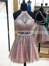 Lace Tulle Halter A-line Short/Mini Beading Prom Dresses #UKM020106342