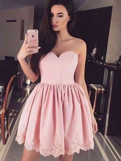 A-line Sweetheart Silk-like Satin Short/Mini Appliques Lace Short Prom Dresses #UKM020106343