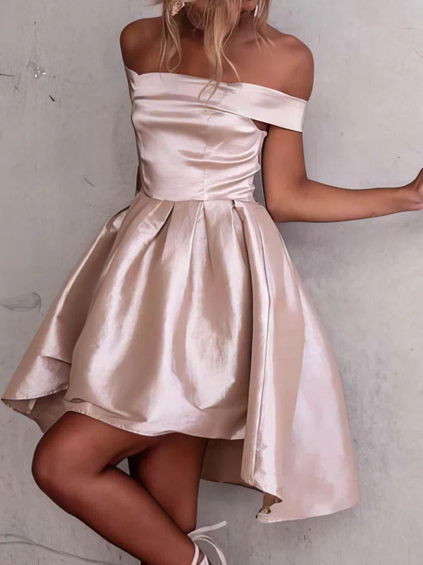 A-line Off-the-shoulder Satin Asymmetrical Ruffles Short Prom Dresses #UKM020106345