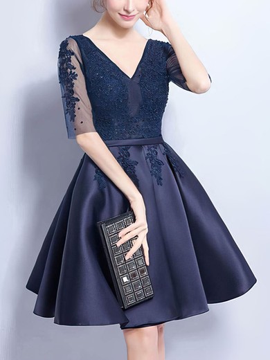 A-line V-neck Satin Tulle Short/Mini Appliques Lace Short Prom Dresses #UKM020106357