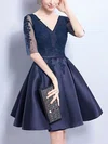 Satin Tulle V-neck A-line Short/Mini Appliques Lace Prom Dresses #UKM020106357