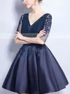 Satin Tulle V-neck A-line Short/Mini Appliques Lace Prom Dresses #UKM020106357