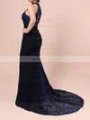 Lace Chiffon High Neck Trumpet/Mermaid Sweep Train Ruffles Bridesmaid Dresses #UKM01013462