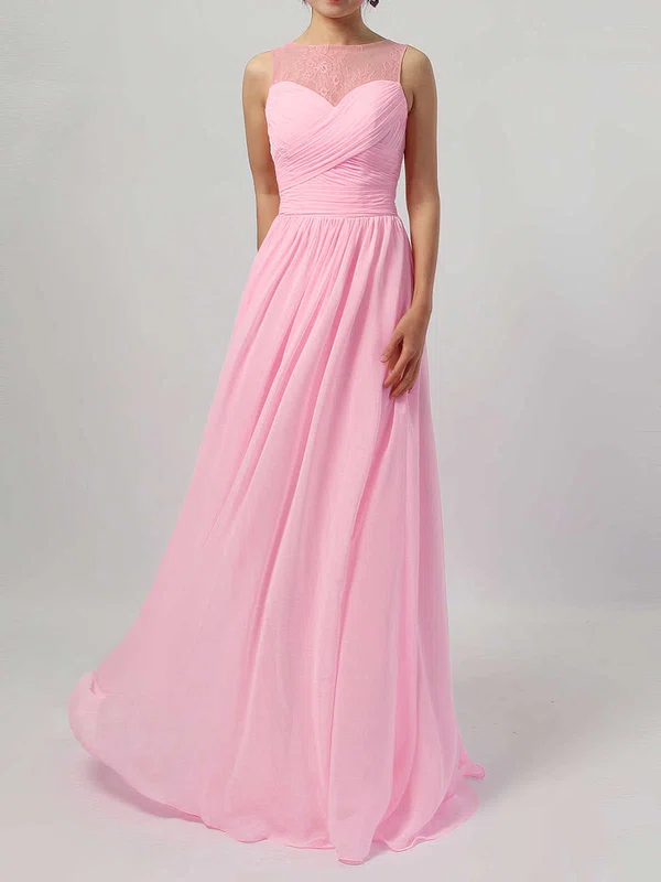Lace Chiffon Scoop Neck A-line Floor-length Ruffles Bridesmaid Dresses #UKM01013478