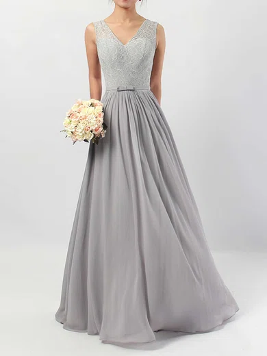 Lace Chiffon V-neck A-line Floor-length Sashes / Ribbons Bridesmaid Dresses #UKM01013498