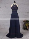 Lace Chiffon Scoop Neck A-line Sweep Train Bow Bridesmaid Dresses #UKM01013505