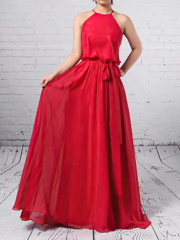 Chiffon Scoop Neck A-line Floor-length Sashes / Ribbons Bridesmaid Dresses #UKM01013512
