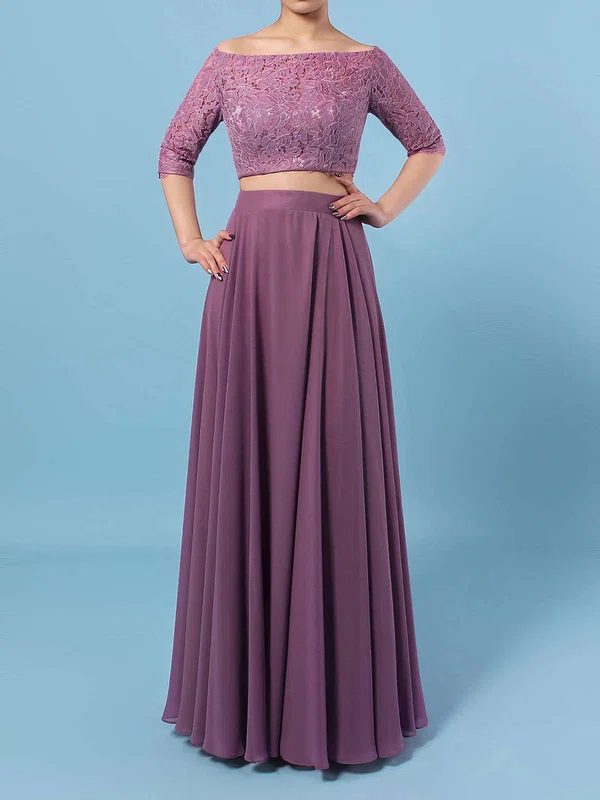 Lace Chiffon Off-the-shoulder A-line Floor-length Bridesmaid Dresses #UKM01013529