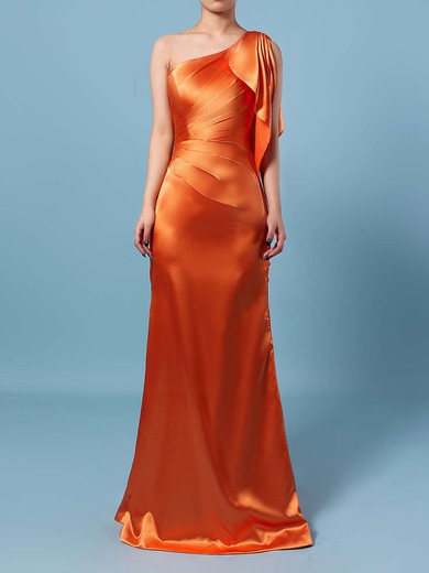 Silk-like Satin One Shoulder Sheath/Column Floor-length Ruffles Bridesmaid Dresses #UKM01013534