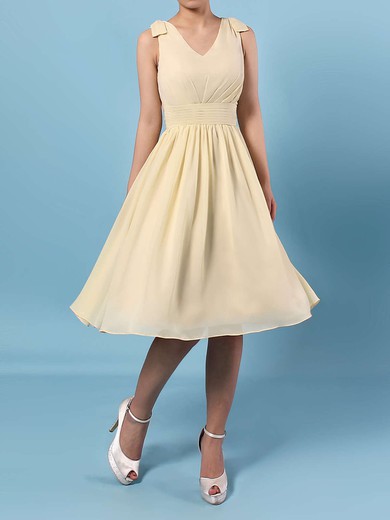 Chiffon V-neck A-line Knee-length Sashes / Ribbons Bridesmaid Dresses #UKM01013536