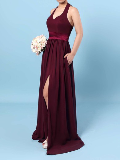 Chiffon Halter A-line Floor-length Sashes / Ribbons Bridesmaid Dresses #UKM01013563