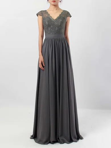 A-line V-neck Lace Chiffon Floor-length Sashes / Ribbons Bridesmaid Dresses #UKM01013569