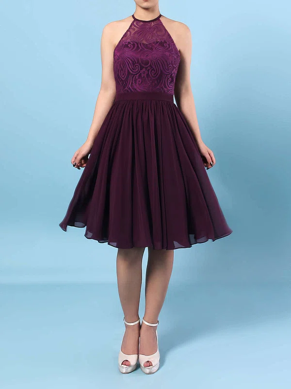 Lace Chiffon Scoop Neck A-line Short/Mini Ruffles Bridesmaid Dresses #UKM01013592