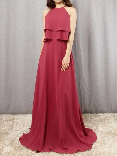 Chiffon Scoop Neck A-line Floor-length Cascading Ruffles Bridesmaid Dresses #UKM01013595