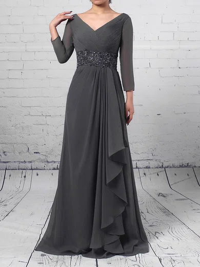 Chiffon V-neck A-line Sweep Train Beading Mother of the Bride Dress #UKM01021700