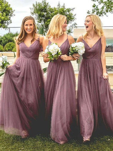 Tulle V-neck A-line Floor-length Ruffles Bridesmaid Dresses #UKM01013670
