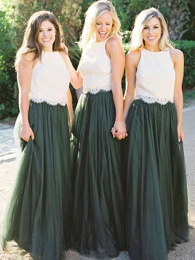 Tulle Scoop Neck A-line Floor-length Lace Bridesmaid Dresses #UKM01013676
