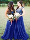 Tulle Scoop Neck A-line Sweep Train Lace Bridesmaid Dresses #UKM01013680
