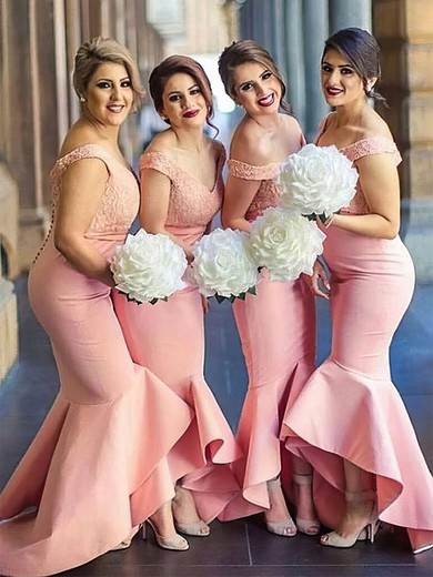 Silk-like Satin Off-the-shoulder Trumpet/Mermaid Asymmetrical Lace Bridesmaid Dresses #UKM01013683