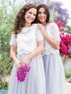 Tulle Scoop Neck A-line Floor-length Lace Bridesmaid Dresses #UKM01013689