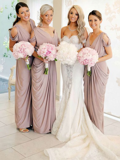 Silk-like Satin V-neck Sheath/Column Floor-length Pick-Ups Bridesmaid Dresses #UKM01013690