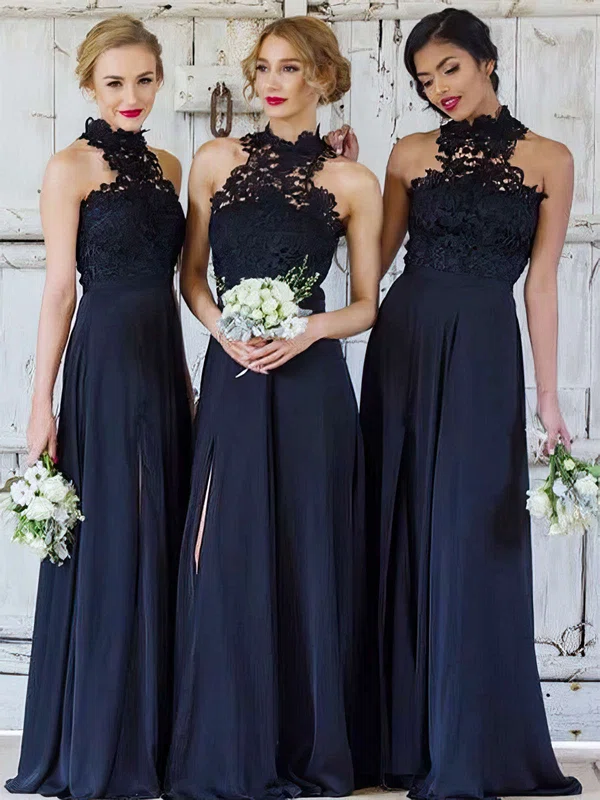Lace Chiffon High Neck A-line Floor-length Split Front Bridesmaid Dresses #UKM01013694