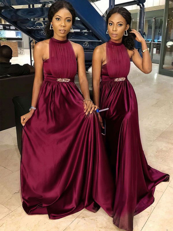 High neck shop burgundy bridesmaid dress