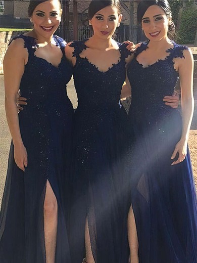 Chiffon V-neck A-line Floor-length Appliques Lace Bridesmaid Dresses #UKM01013719