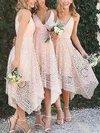 Lace V-neck A-line Tea-length Bridesmaid Dresses #UKM01013596