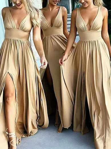 Satin V-neck A-line Sweep Train Split Front Bridesmaid Dresses #UKM01013597