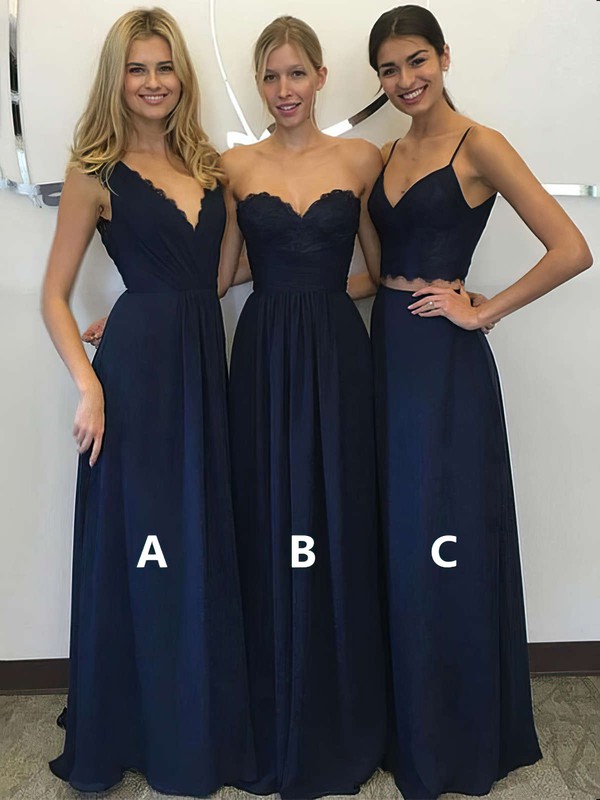 Chiffon V-neck A-line Floor-length Lace Bridesmaid Dresses | MillyBridal
