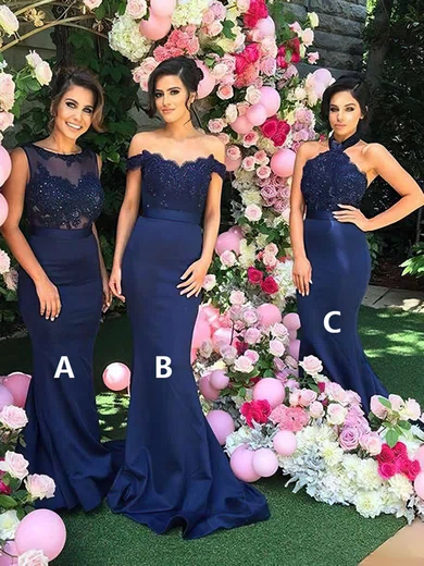 Silk-like Satin Halter Trumpet/Mermaid Sweep Train Appliques Lace Bridesmaid Dresses #UKM01013602
