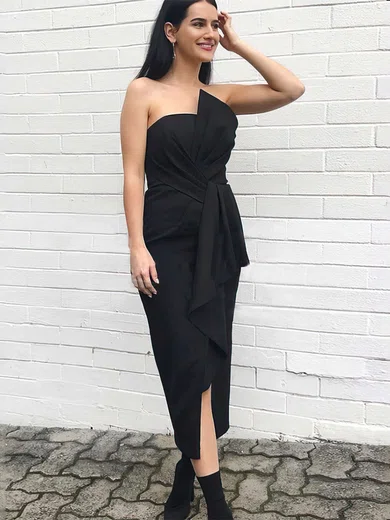 Sheath/Column Straight Satin Tea-length Ruffles Bridesmaid Dresses #UKM01013607