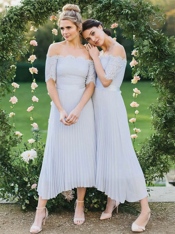 Lace Chiffon Off-the-shoulder A-line Ankle-length Sashes / Ribbons Bridesmaid Dresses #UKM01013619