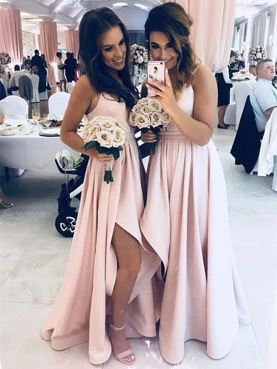 Satin V-neck A-line Asymmetrical Split Front Bridesmaid Dresses #UKM01013627