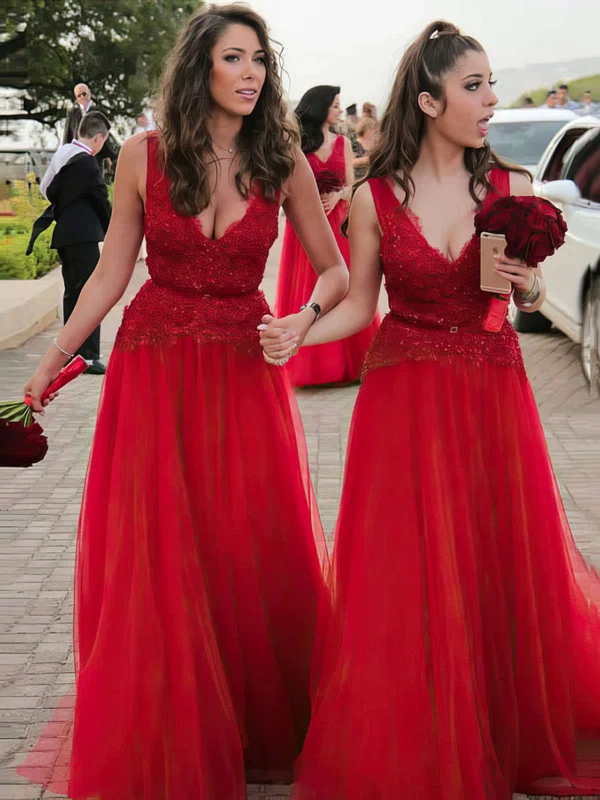 Tulle V-neck A-line Floor-length Lace Bridesmaid Dresses #UKM01013636