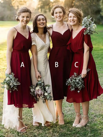 Chiffon V-neck A-line Tea-length Bridesmaid Dresses #UKM01013637