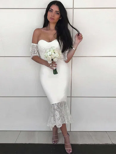 Sheath/Column Off-the-shoulder Satin Asymmetrical Lace Bridesmaid Dresses #UKM01013638