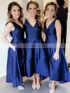 Satin V-neck Princess Tea-length Pockets Bridesmaid Dresses #UKM01013652