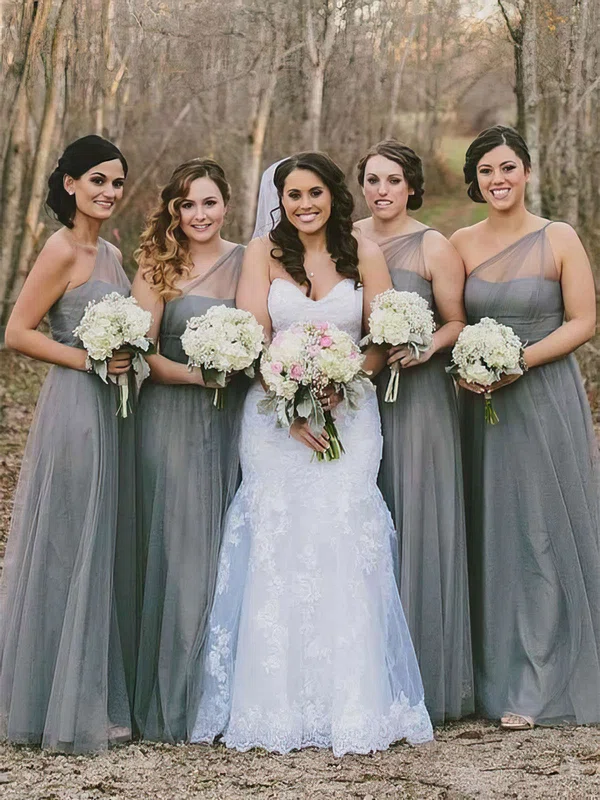 Tulle One Shoulder A-line Floor-length Bridesmaid Dresses #UKM01013660
