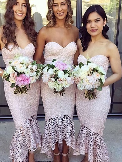 Lace Sweetheart Trumpet/Mermaid Asymmetrical Bridesmaid Dresses #UKM01013663