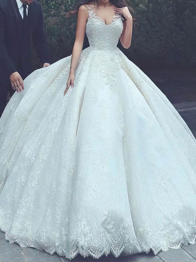 Ball Gown V-neck Lace Floor-length Wedding Dresses With Appliques Lace #UKM00023322