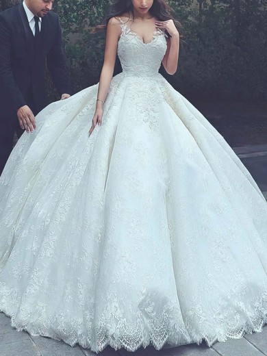 Ball Gown V-neck Lace Floor-length Wedding Dresses With Appliques Lace #UKM00023322
