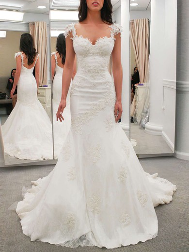 Trumpet/Mermaid V-neck Lace Sweep Train Wedding Dresses With Appliques Lace #UKM00023323
