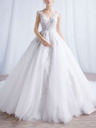 Tulle V-neck Ball Gown Chapel Train Appliques Lace Wedding Dresses #UKM00023324