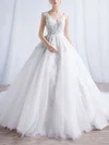 Ball Gown V-neck Tulle Chapel Train Wedding Dresses With Appliques Lace #UKM00023324