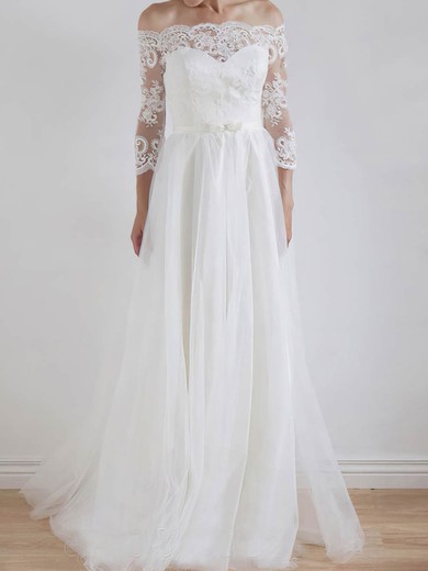 A-line Off-the-shoulder Tulle Floor-length Wedding Dresses With Lace #UKM00023325