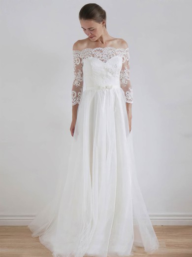 A-line Off-the-shoulder Tulle Floor-length Wedding Dresses With Lace #UKM00023325