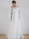 A-line Off-the-shoulder Tulle Floor-length Wedding Dresses With Lace #UKM00023325